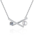 Bar Moissanite Freshwater Pearl Pendant Necklace with Cubic Zirconia in White Gold-Plated S925 Sterling Silver on clean white background showing the vertical bar pendant with a freshwater pearl and moissanite accent