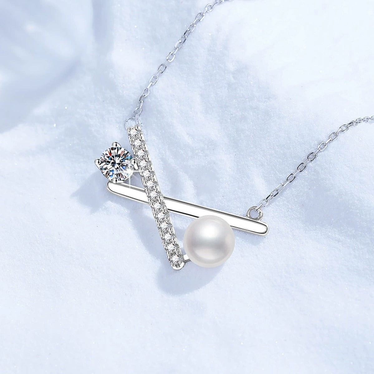 Bar Moissanite Freshwater Pearl Pendant Necklace with Cubic Zirconia in White Gold-Plated S925 Sterling Silver close-up product detail view