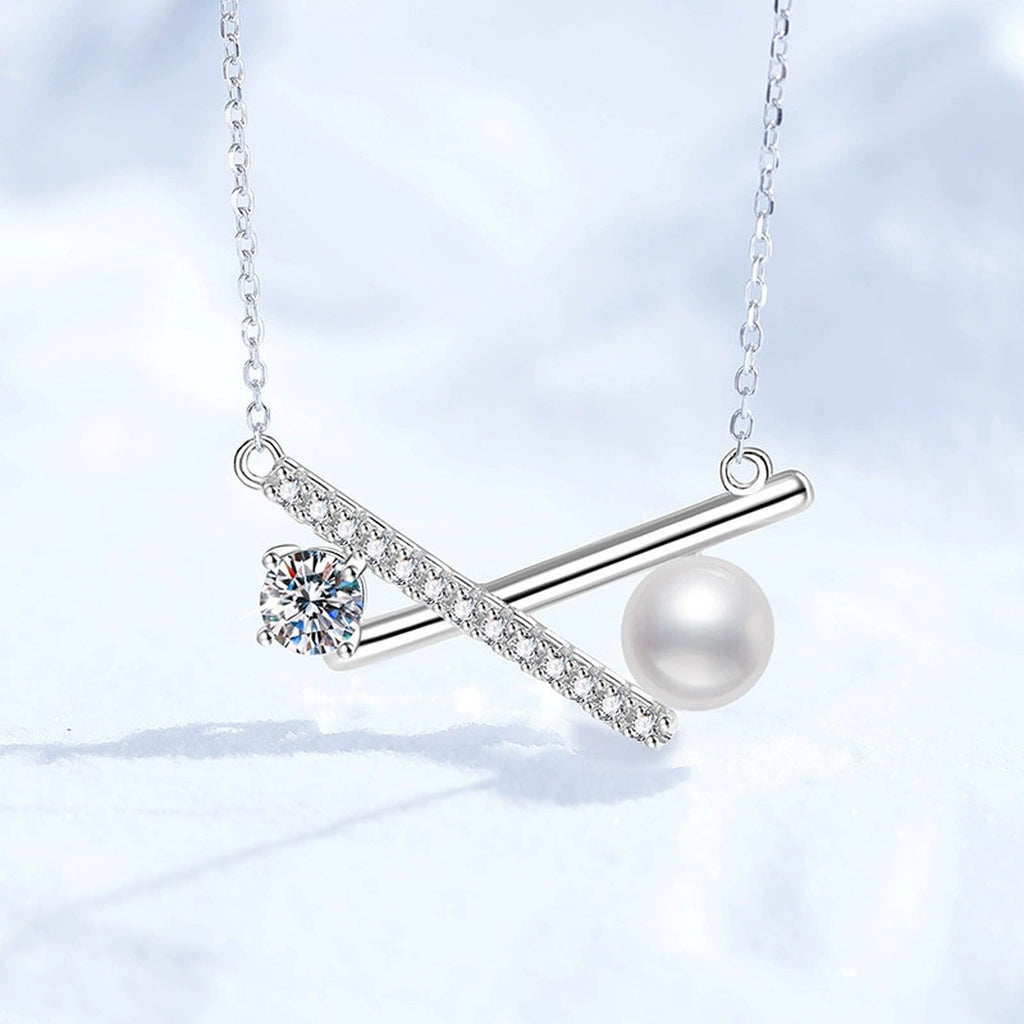 Bar Moissanite Freshwater Pearl Pendant Necklace with Cubic Zirconia in White Gold-Plated S925 Sterling Silver close-up product detail view