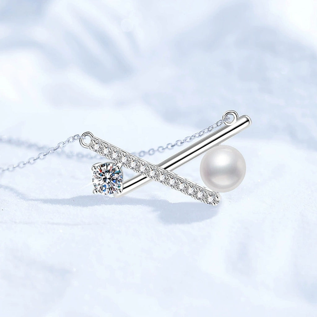 Bar Moissanite Freshwater Pearl Pendant Necklace with Cubic Zirconia in White Gold-Plated S925 Sterling Silver close-up product detail view