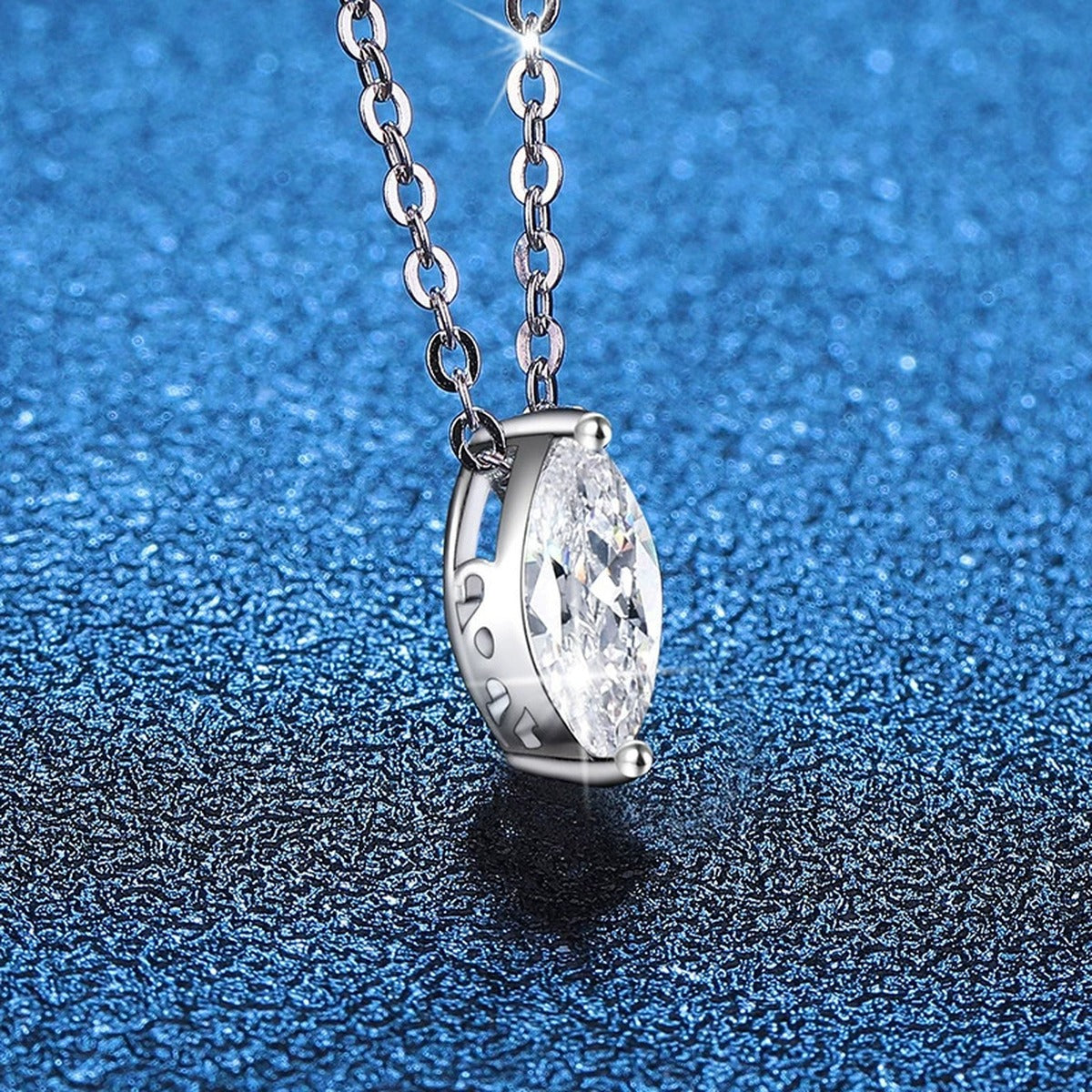 Marquise Moissanite Pendant Necklace in Platinum-Plated S925 Sterling Silver blue background product view