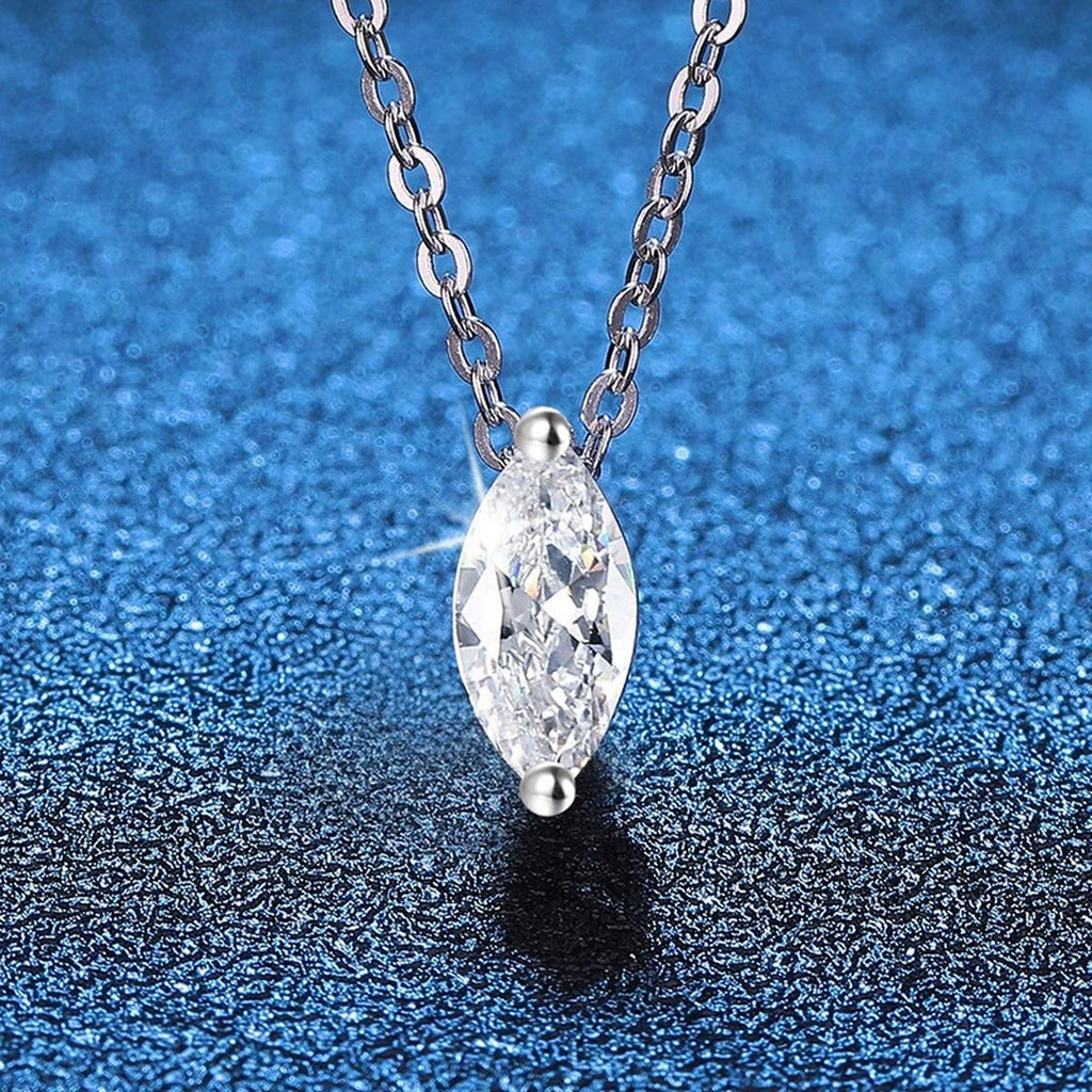 Marquise Moissanite Pendant Necklace in Platinum-Plated S925 Sterling Silver blue background angled view