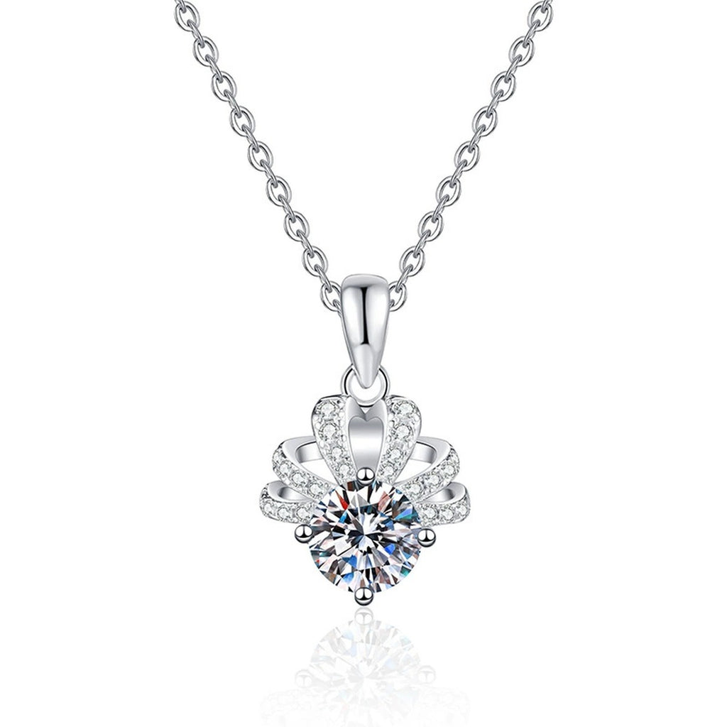 Floral Halo Moissanite Pendant Necklace in Platinum-Plated S925 Sterling Silver on clean white background