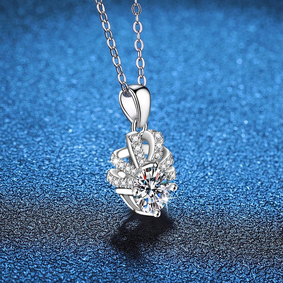 Floral Halo Moissanite Pendant Necklace in Platinum-Plated S925 Sterling Silver blue background product view