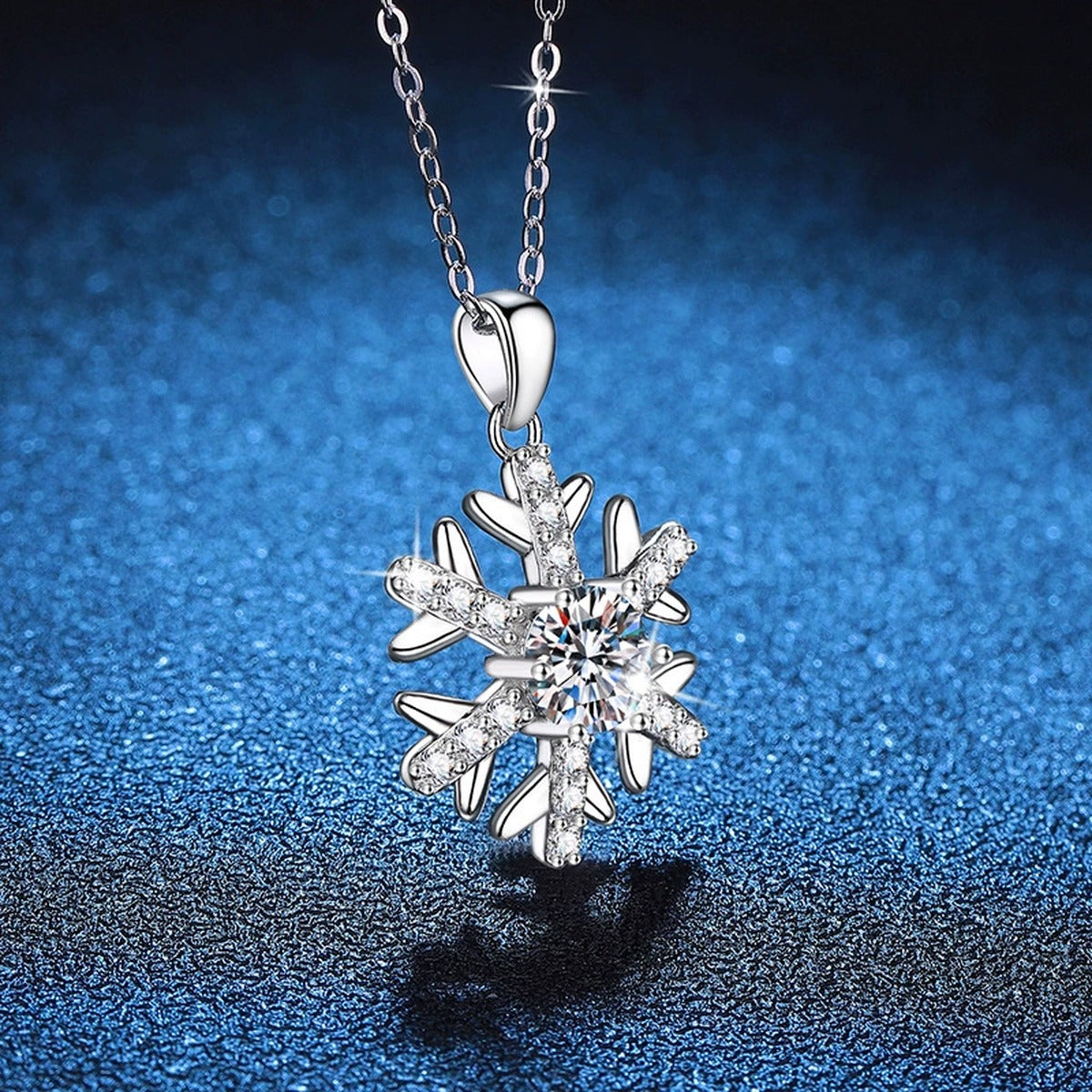 Starburst Moissanite Pendant Necklace in Platinum-Plated S925 Sterling Silver blue background product view