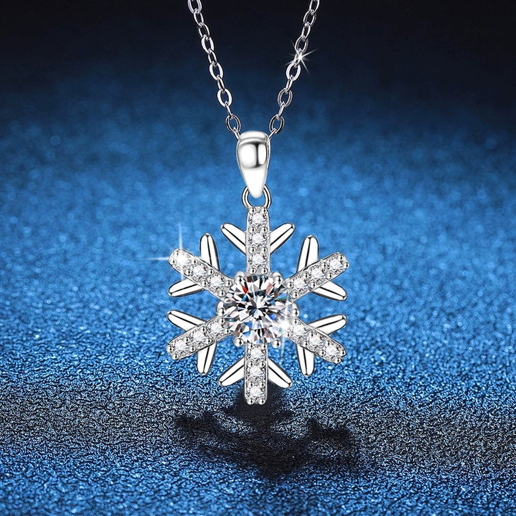 Starburst Moissanite Pendant Necklace in Platinum-Plated S925 Sterling Silver blue background angled view