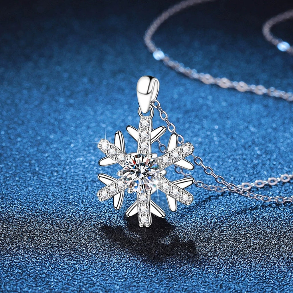 Starburst Moissanite Pendant Necklace in Platinum-Plated S925 Sterling Silver blue background close-up view