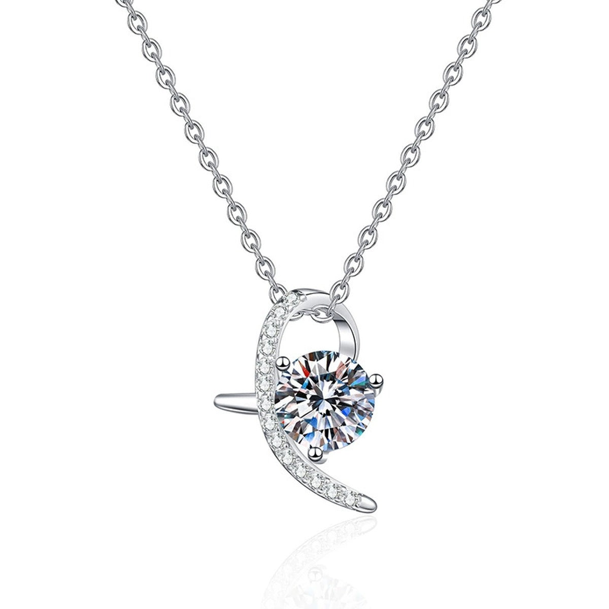Crescent Moon Moissanite Pendant Necklace in Platinum-Plated S925 Sterling Silver on clean white background