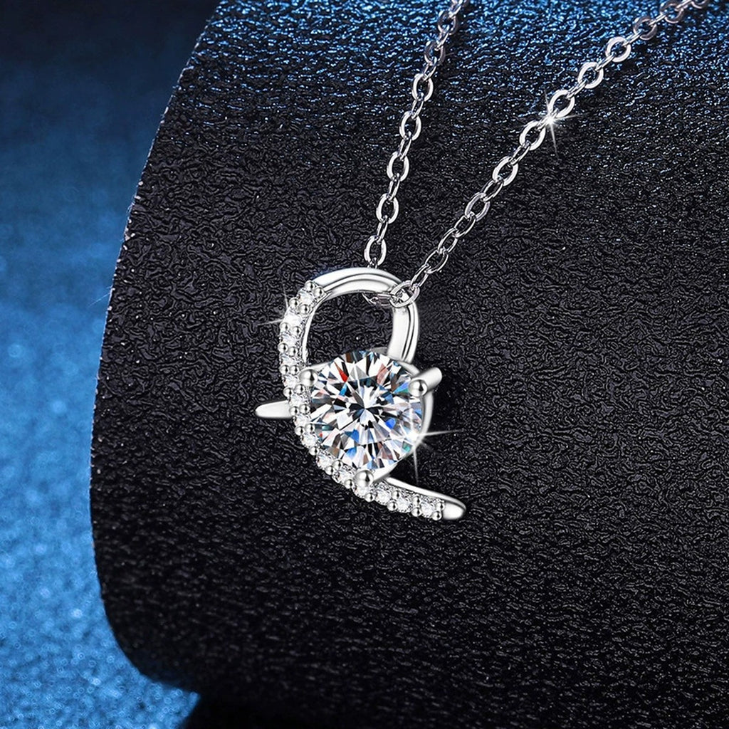 Crescent Moon Moissanite Pendant Necklace in Platinum-Plated S925 Sterling Silver dark background product display view