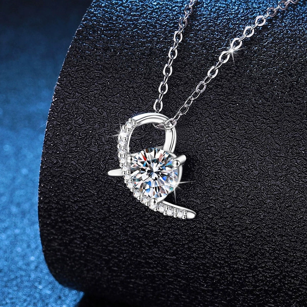 Crescent Moon Moissanite Pendant Necklace in Platinum-Plated S925 Sterling Silver dark background product display view