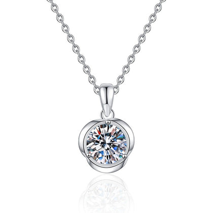 Round Bezel Moissanite Pendant Necklace in Platinum-Plated S925 Sterling Silver on clean white background
