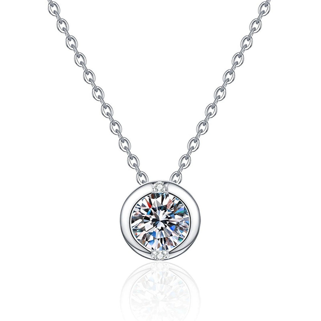 Round Solitaire Moissanite Pendant Necklace in Platinum-Plated S925 Sterling Silver on clean white background