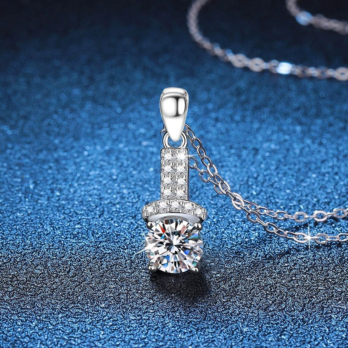 Pave Bar Moissanite Pendant Necklace in Platinum-Plated S925 Sterling Silver blue background close-up view