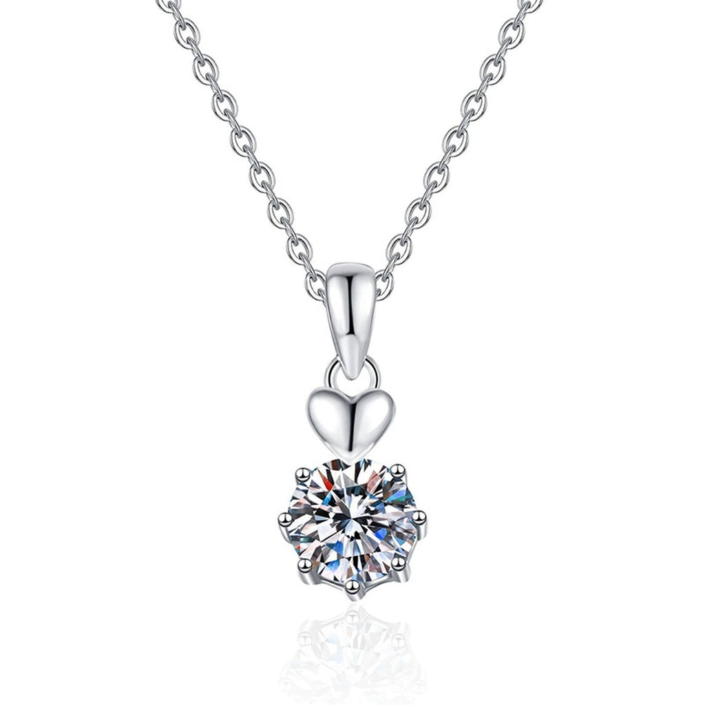 Heart Charm Moissanite Pendant Necklace in Platinum-Plated S925 Sterling Silver on clean white background