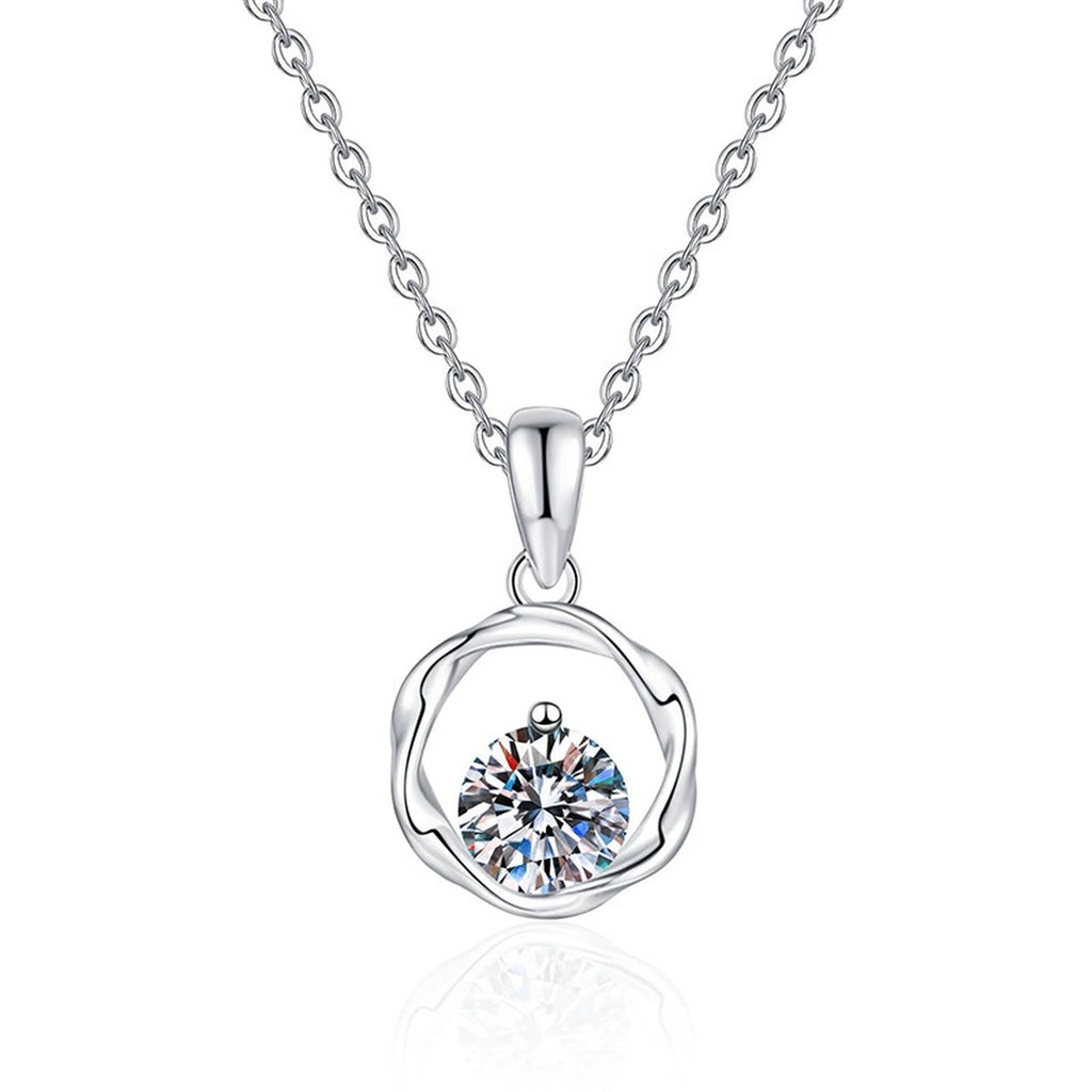 Organic Circle Moissanite Pendant Necklace in Platinum-Plated S925 Sterling Silver on clean white background