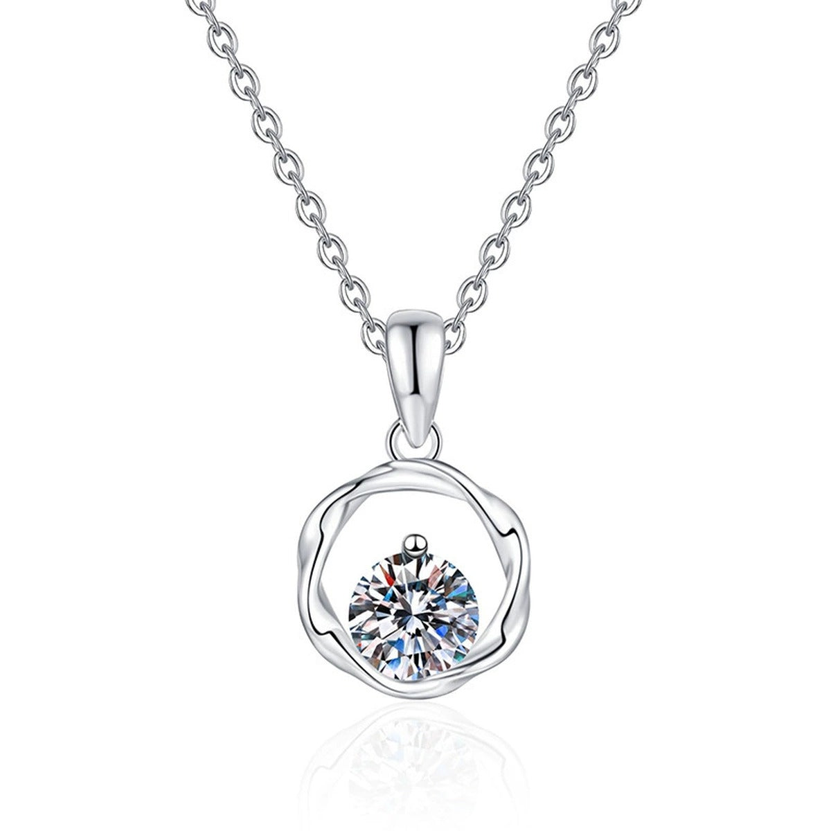 Organic Circle Moissanite Pendant Necklace in Platinum-Plated S925 Sterling Silver on clean white background