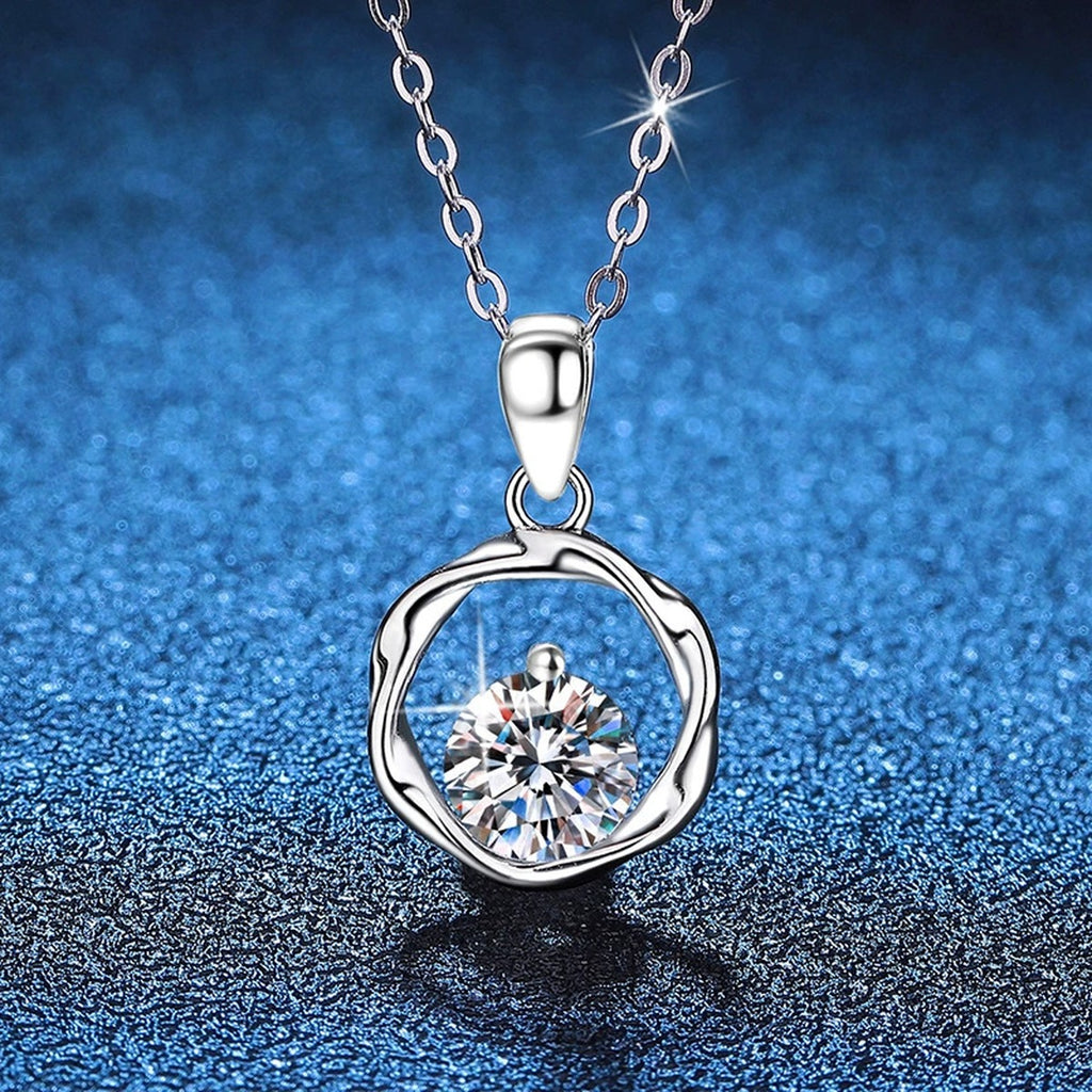 Organic Circle Moissanite Pendant Necklace in Platinum-Plated S925 Sterling Silver blue background product view