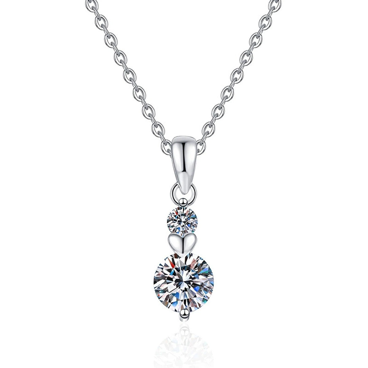 Two-Stone Drop Moissanite Pendant Necklace in Platinum-Plated S925 Sterling Silver on clean white background