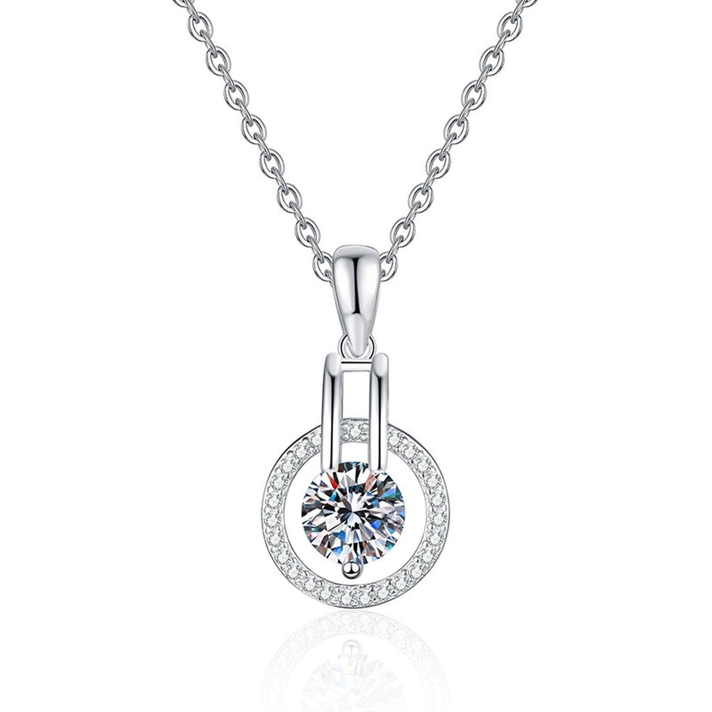 Round Halo Frame Moissanite Pendant Necklace in Platinum-Plated S925 Sterling Silver on clean white background
