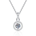 Round Halo Frame Moissanite Pendant Necklace in Platinum-Plated S925 Sterling Silver on clean white background