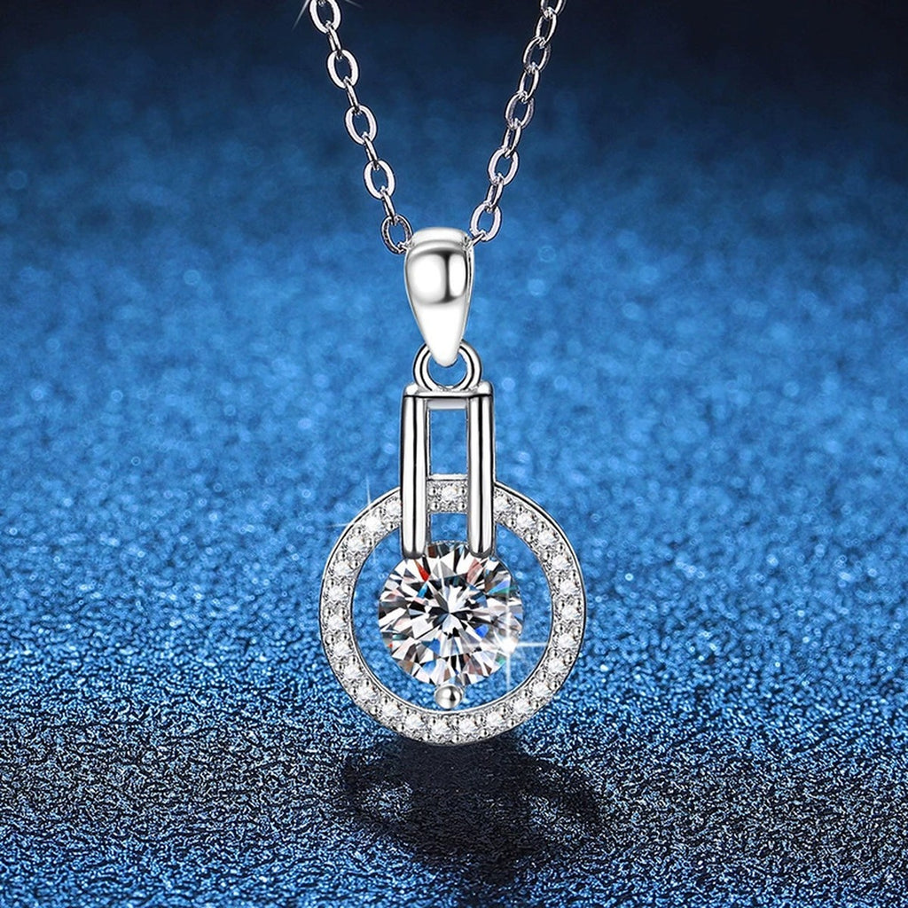 Round Halo Frame Moissanite Pendant Necklace in Platinum-Plated S925 Sterling Silver blue background product view