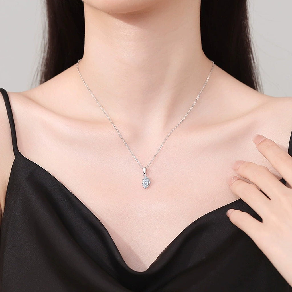 Marquise Teardrop Moissanite Pendant Necklace in Platinum-Plated S925 Sterling Silver worn on neckline by model