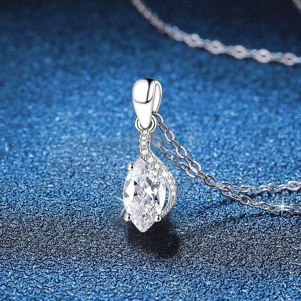Marquise Teardrop Moissanite Pendant Necklace in Platinum-Plated S925 Sterling Silver blue background product view