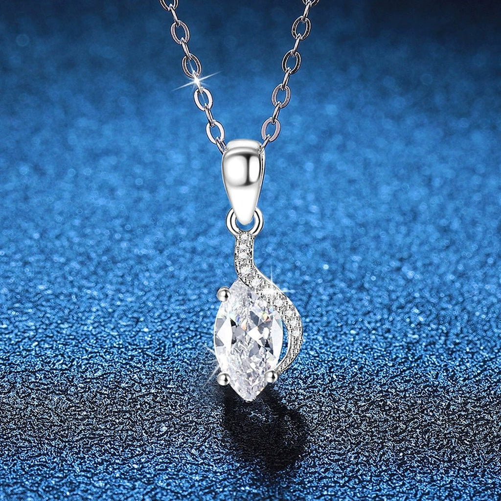 Marquise Teardrop Moissanite Pendant Necklace in Platinum-Plated S925 Sterling Silver blue background close-up view