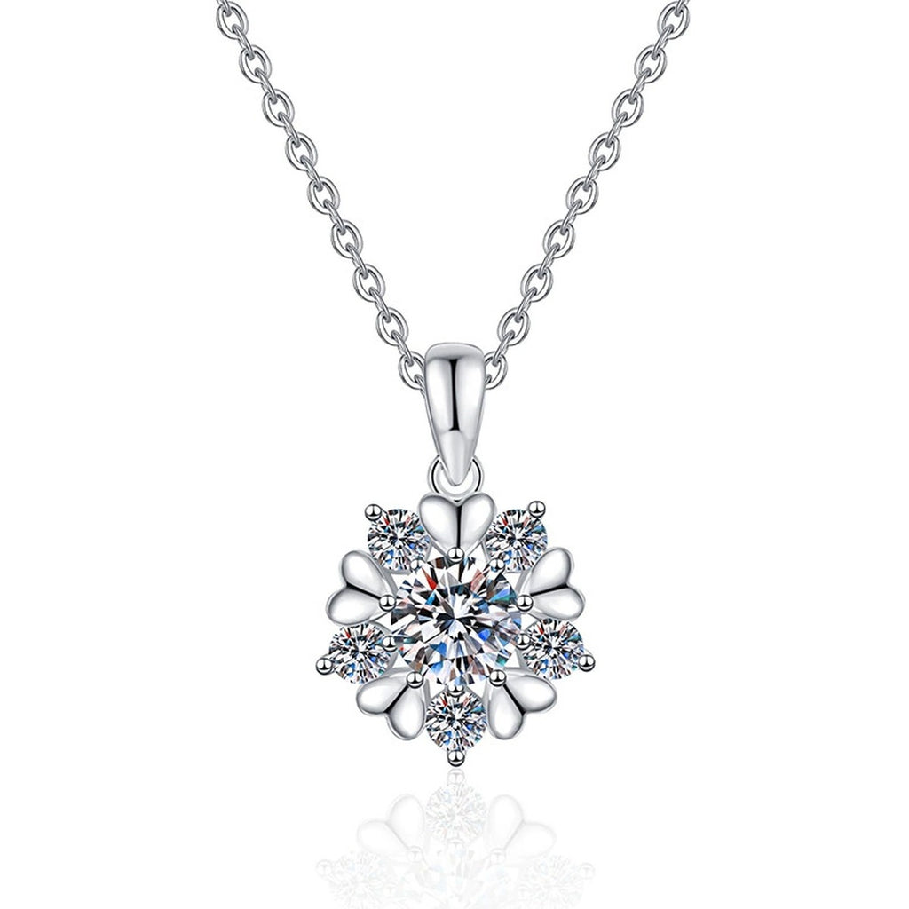 Floral Starburst Moissanite Pendant Necklace in Platinum-Plated S925 Sterling Silver on clean white background