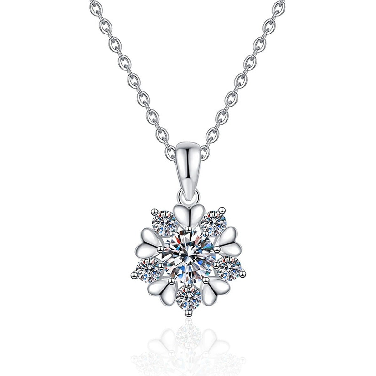 Floral Starburst Moissanite Pendant Necklace in Platinum-Plated S925 Sterling Silver on clean white background