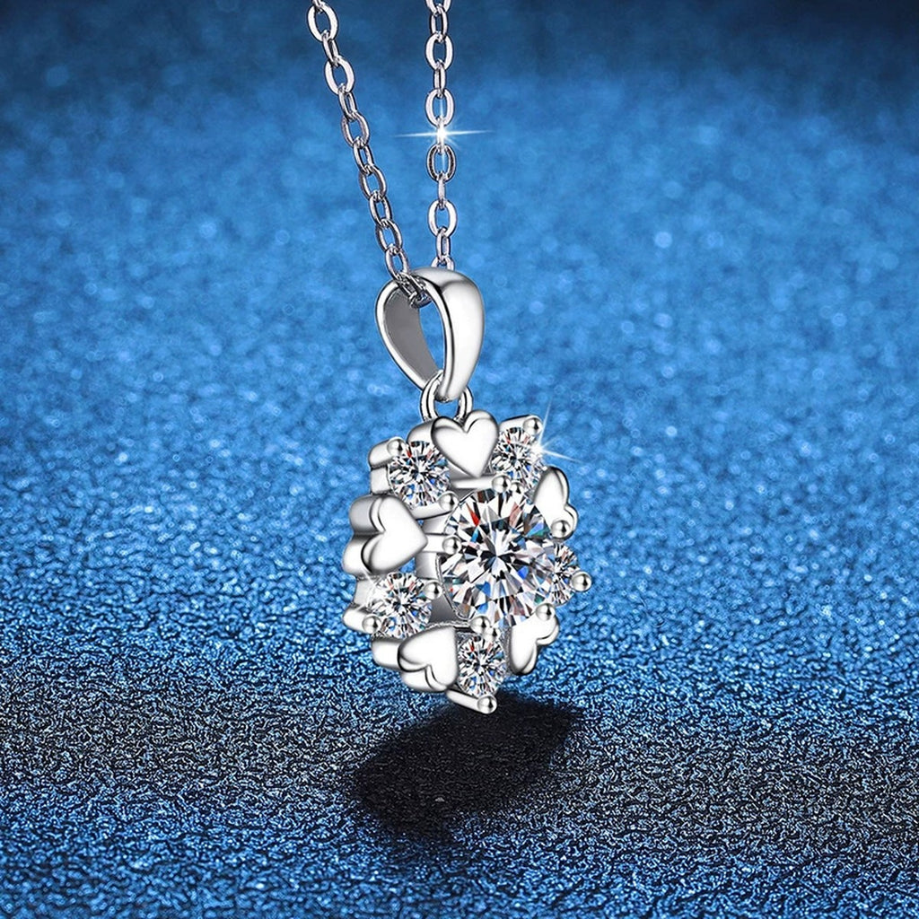Floral Starburst Moissanite Pendant Necklace in Platinum-Plated S925 Sterling Silver blue background product view