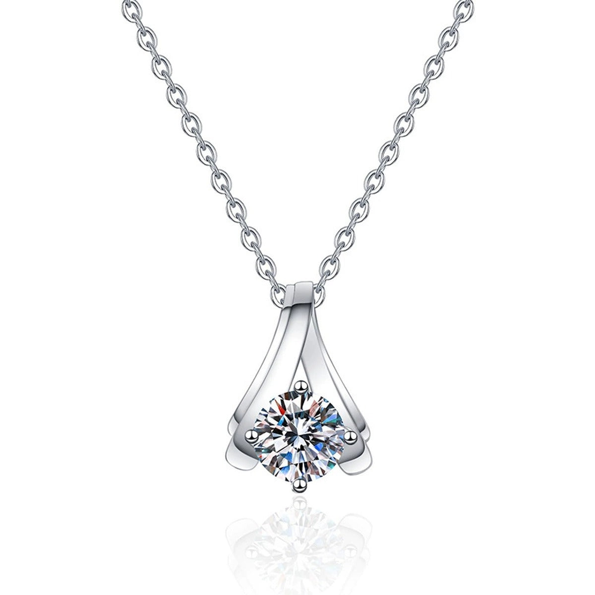 Teardrop Solitaire Moissanite Pendant Necklace in Platinum-Plated S925 Sterling Silver on clean white background