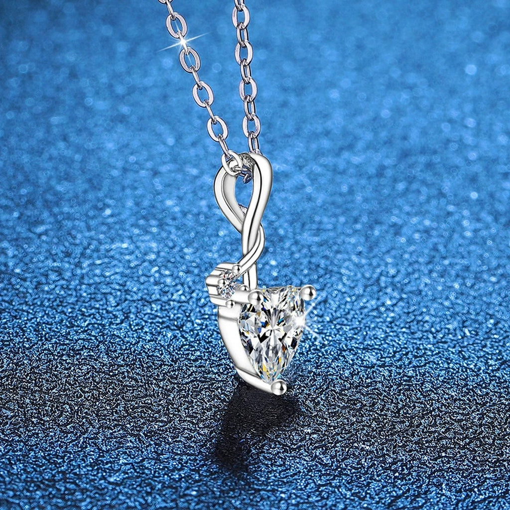 Heart Twist Moissanite Pendant Necklace in Platinum-Plated S925 Sterling Silver blue background product view