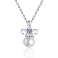 Bow Moissanite Freshwater Pearl Pendant Necklace with Cubic Zirconia in White Gold-Plated S925 Sterling Silver on clean white background showing the bow-inspired pearl pendant with a round moissanite accent