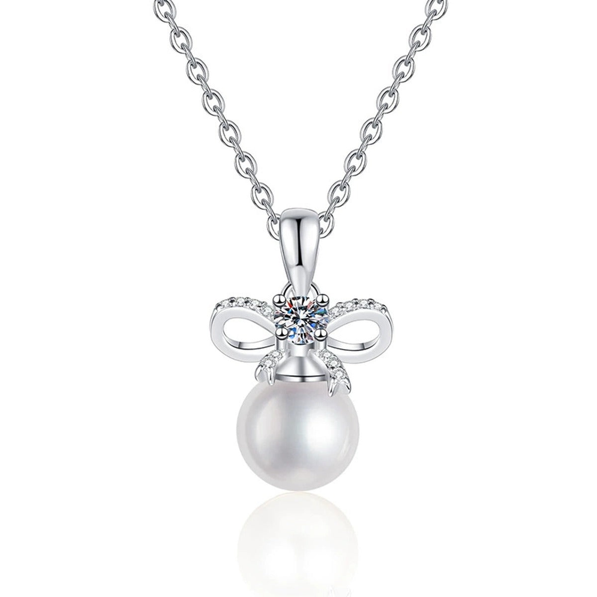 Bow Moissanite Freshwater Pearl Pendant Necklace with Cubic Zirconia in White Gold-Plated S925 Sterling Silver on clean white background showing the bow-inspired pearl pendant with a round moissanite accent