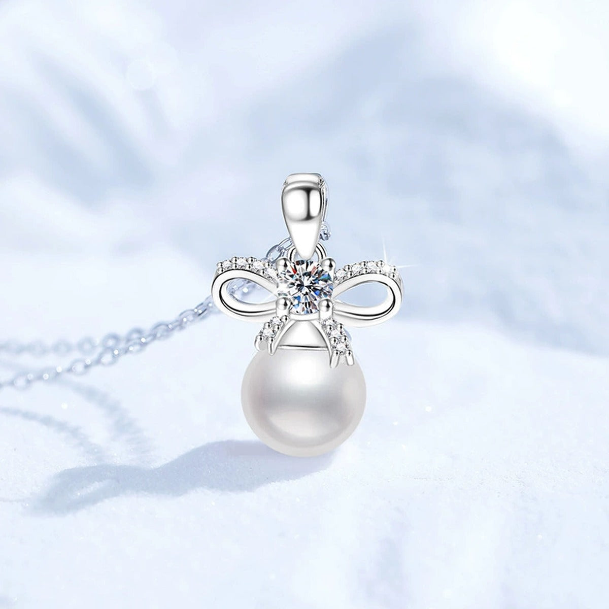 Bow Moissanite Freshwater Pearl Pendant Necklace with Cubic Zirconia in White Gold-Plated S925 Sterling Silver close-up product detail view
