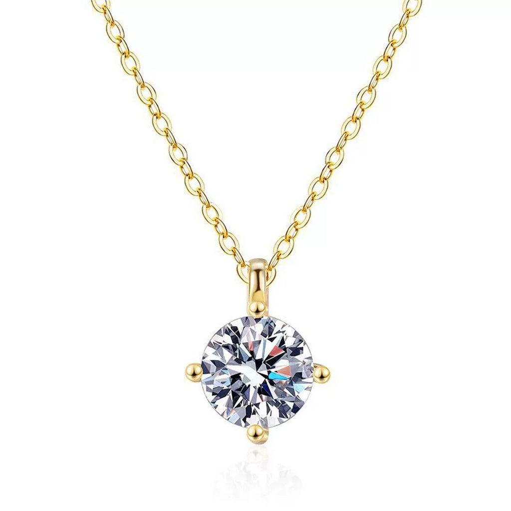Round Solitaire Moissanite Pendant Necklace in Gold-Plated S925 Sterling Silver on clean white background