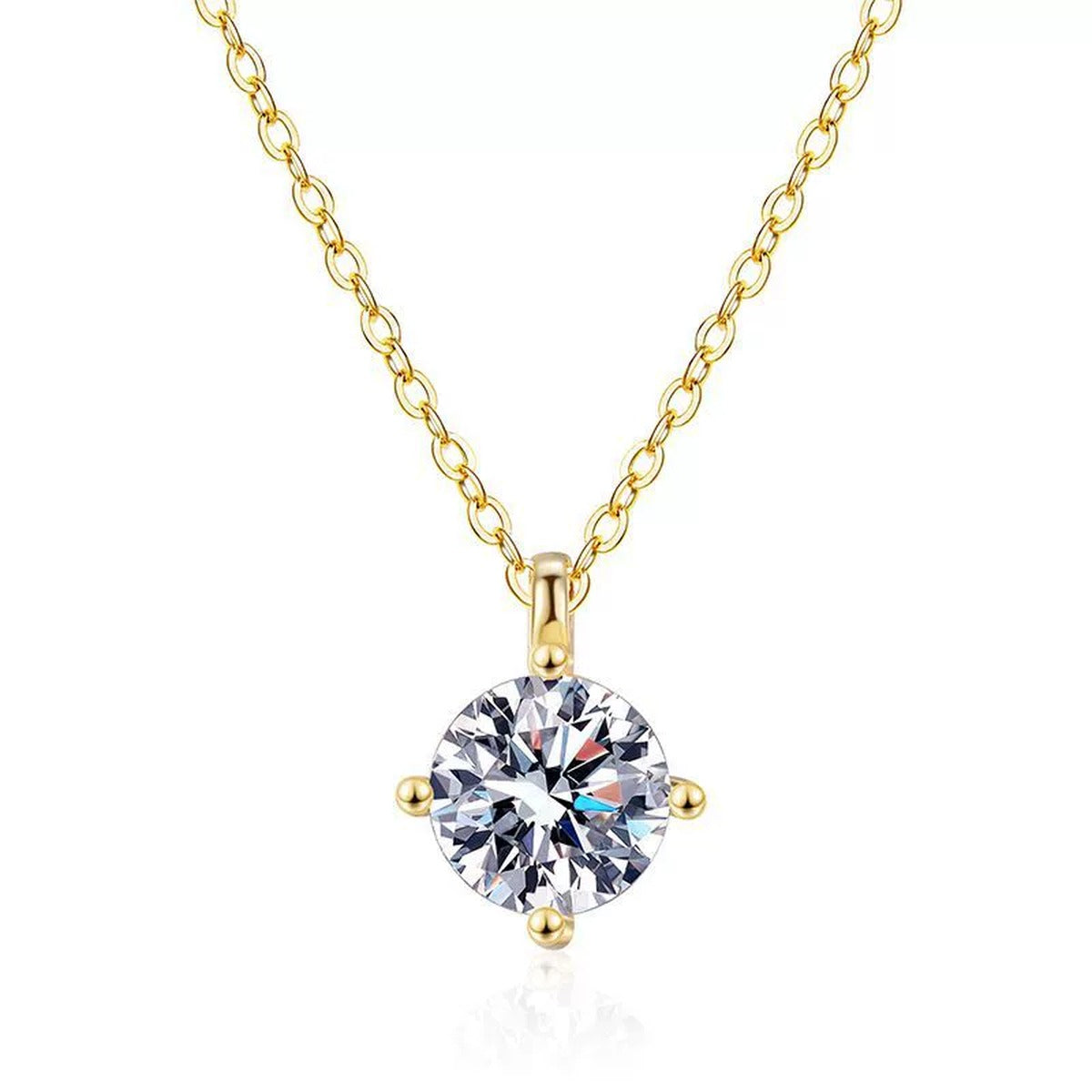 Round Solitaire Moissanite Pendant Necklace in Gold-Plated S925 Sterling Silver on clean white background