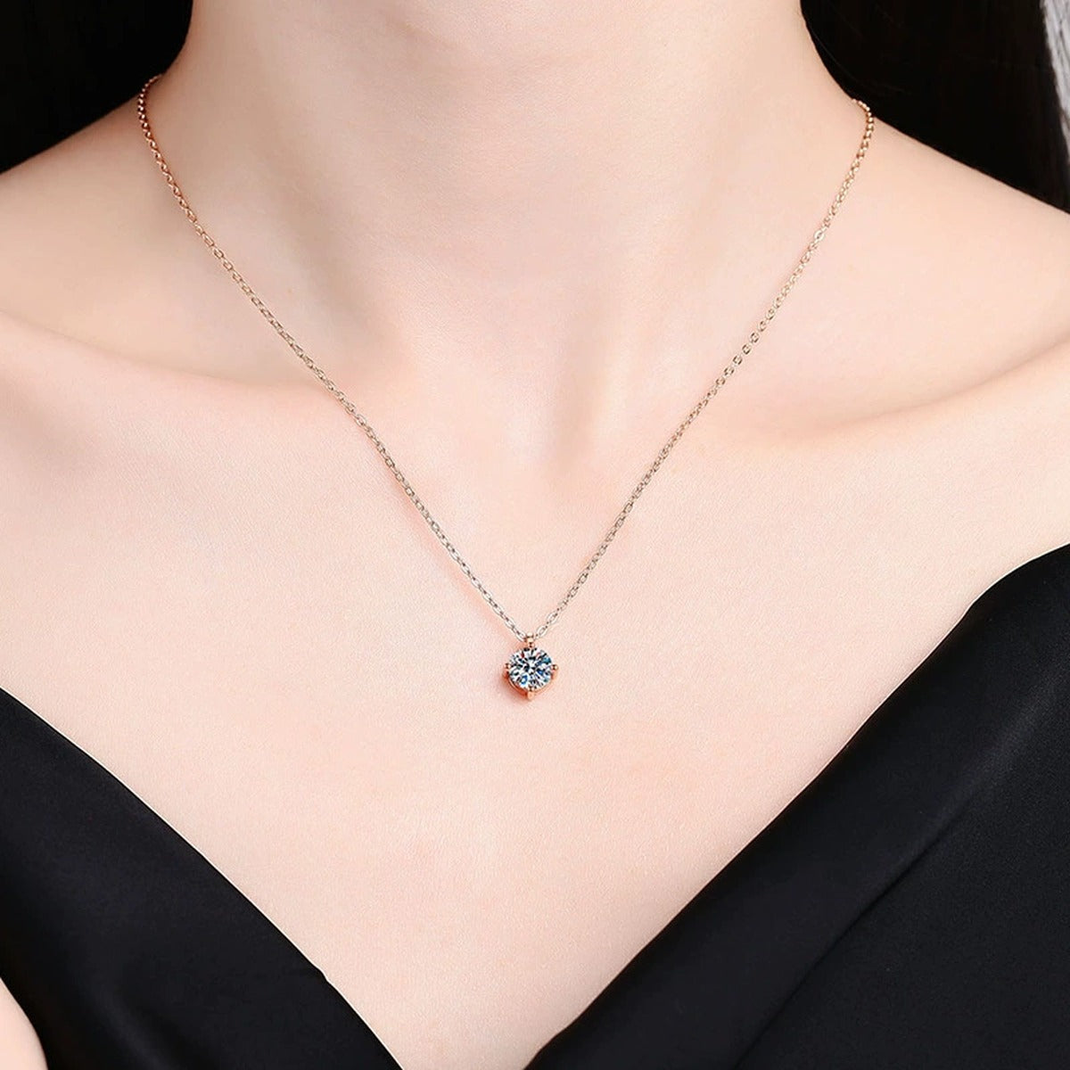 Round Solitaire Moissanite Pendant Necklace in Gold-Plated S925 Sterling Silver worn on neckline by model