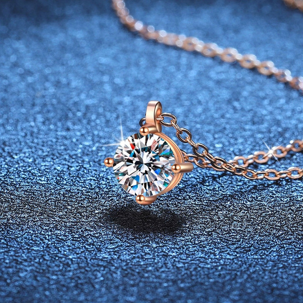 Round Solitaire Moissanite Pendant Necklace in Gold-Plated S925 Sterling Silver blue background product view
