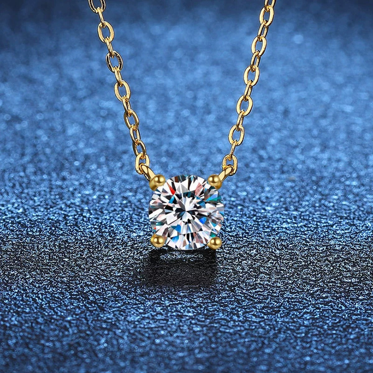 Round Solitaire Moissanite Pendant Necklace in 18K Yellow Gold-Plated S925 Sterling Silver blue background product view