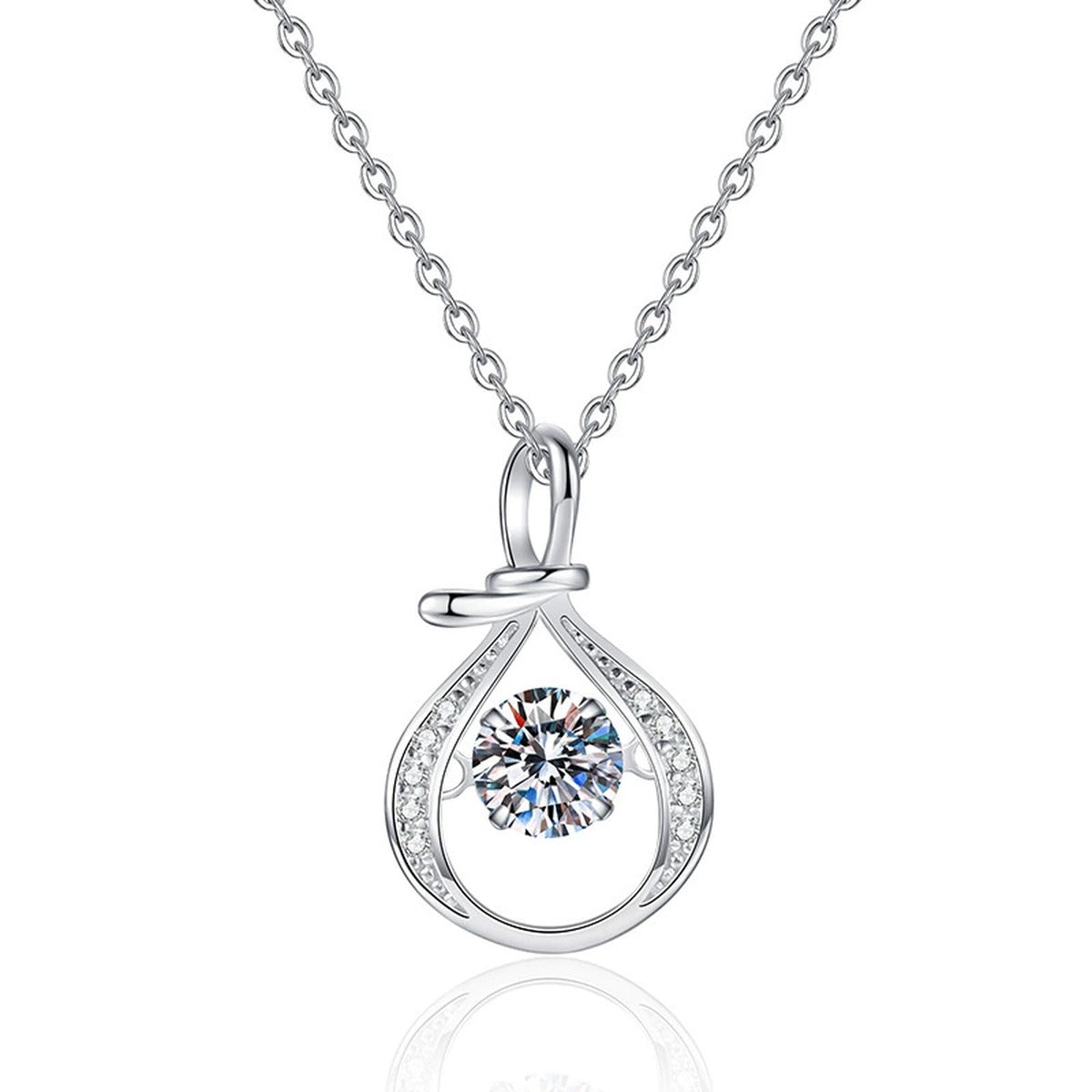 Teardrop Halo Moissanite Pendant Necklace in Platinum-Plated S925 Sterling Silver on clean white background