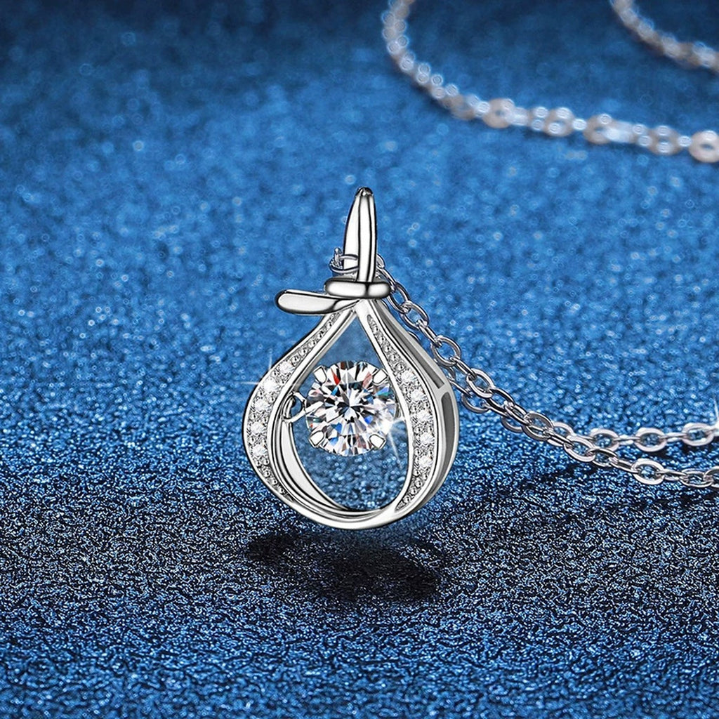 Teardrop Halo Moissanite Pendant Necklace in Platinum-Plated S925 Sterling Silver blue background product view