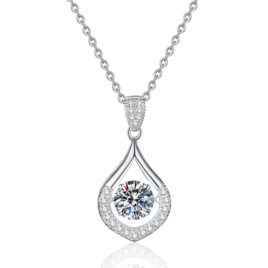 Teardrop Halo Moissanite Pendant Necklace in Platinum-Plated S925 Sterling Silver on clean white background