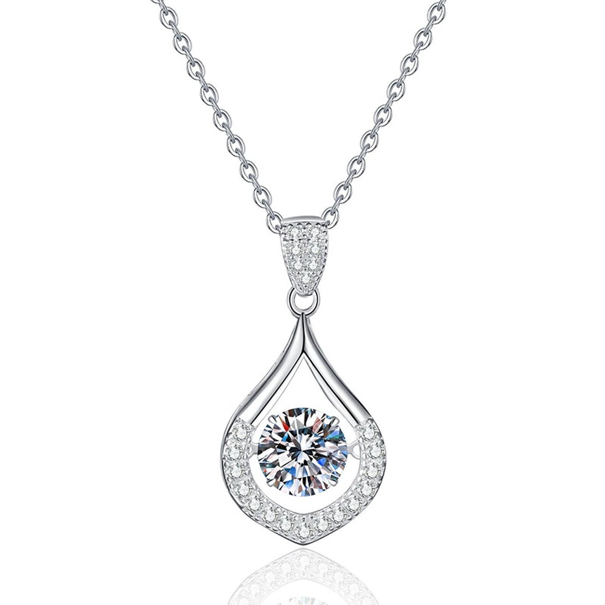 Teardrop Halo Moissanite Pendant Necklace in Platinum-Plated S925 Sterling Silver on clean white background