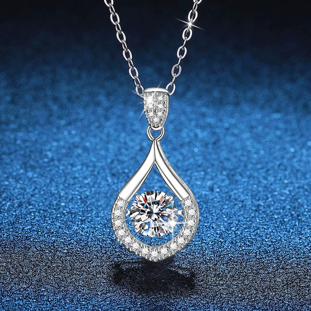 Teardrop Halo Moissanite Pendant Necklace in Platinum-Plated S925 Sterling Silver blue background product view