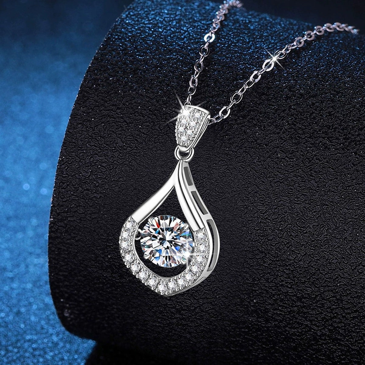 Teardrop Halo Moissanite Pendant Necklace in Platinum-Plated S925 Sterling Silver dark background product display view