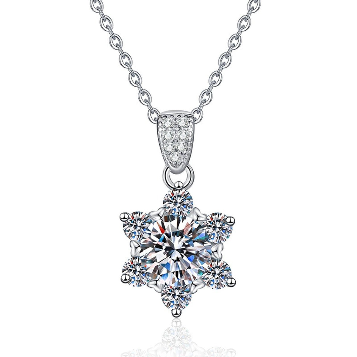 Floral Star Halo Moissanite Pendant Necklace in Platinum-Plated S925 Sterling Silver on clean white background