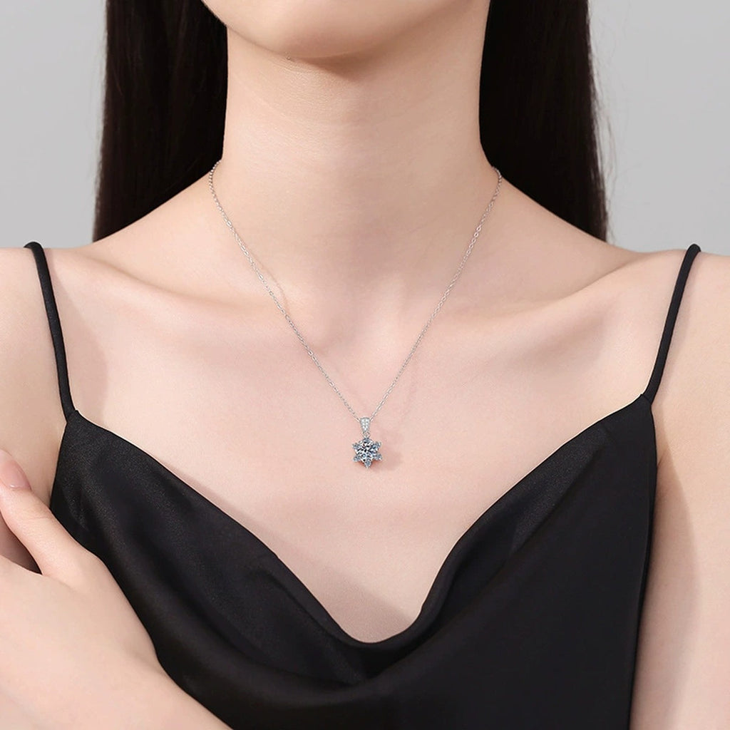 Floral Star Halo Moissanite Pendant Necklace in Platinum-Plated S925 Sterling Silver worn on neckline by model