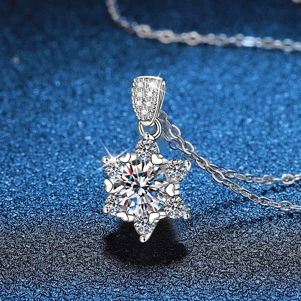Floral Star Halo Moissanite Pendant Necklace in Platinum-Plated S925 Sterling Silver blue background product view